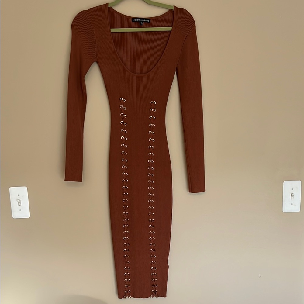 Naked Wardrobe Brown Long Sleeve Dress with Eyelet Detail